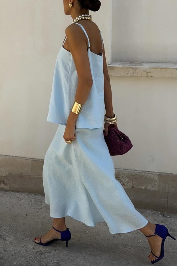 Linen Blend Loose Square Neck Camisole Top and Elegant Resort Maxi Skirt Set-consonak