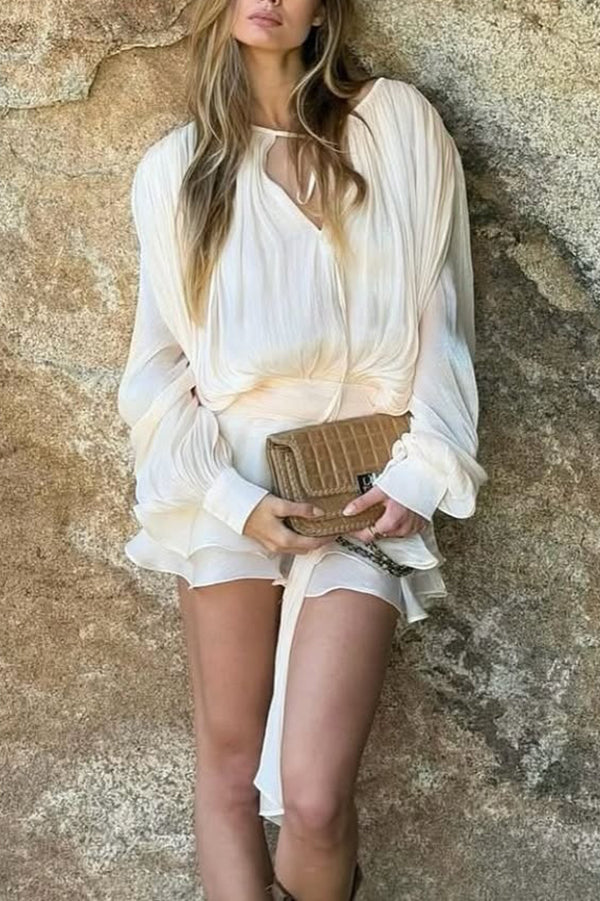 Solid Color Long-sleeved Belted Asymmetrical Mini Dress and Elastic Waist Casual Shorts Set-consonak