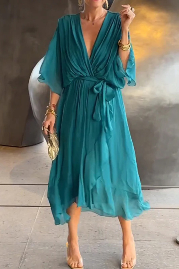 Solid Color V-neck Bat Sleeve Lace-up Irregular Hem Midi Dress-consonak