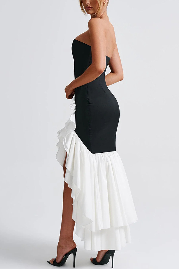 Contrast Color Sexy Off-shoulder Slim Fit Irregular Hem Maxi Dress | Consonak