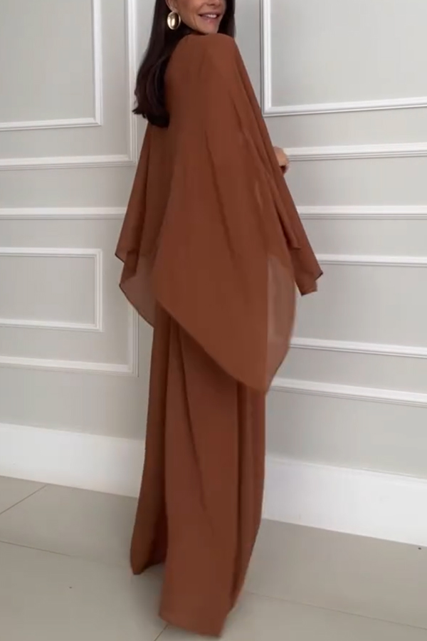 Veronica Chiffon Cape Flowing Top and Elastic Waist Wide-Leg Pants Set-consonak