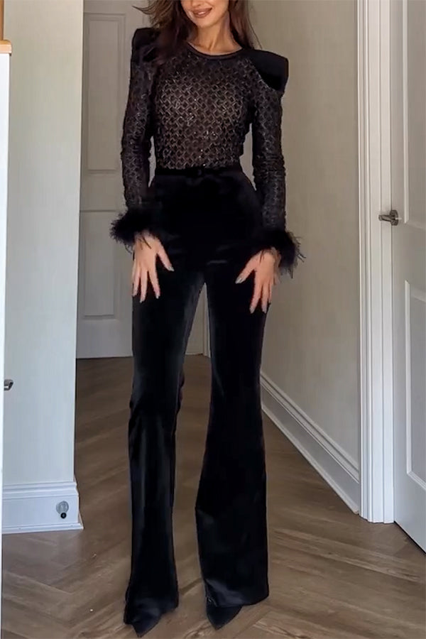 Monique Fish Scale Lace Sequin Velvet Patchwork Feather Trim Belted Stretch Flare Jumpsuit-Consonak