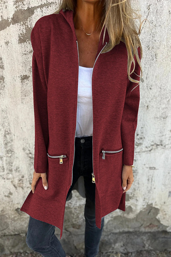 Solid Color Hooded Casual Zip Pocket Jacket-consonak