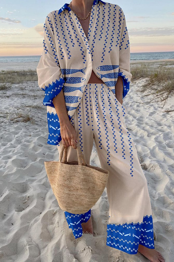Unique Ocean Print Oversized Shirt and Elastic Waist Pocket Pants Set-consonak