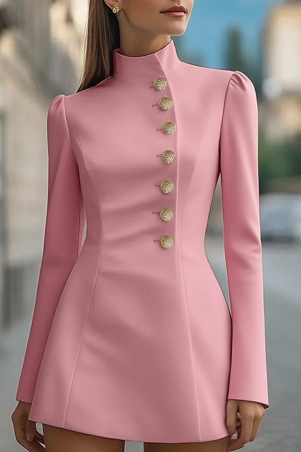 Fashionable Stand Collar Single-Breasted Slim Fit Formal Mini Dress | Consonak