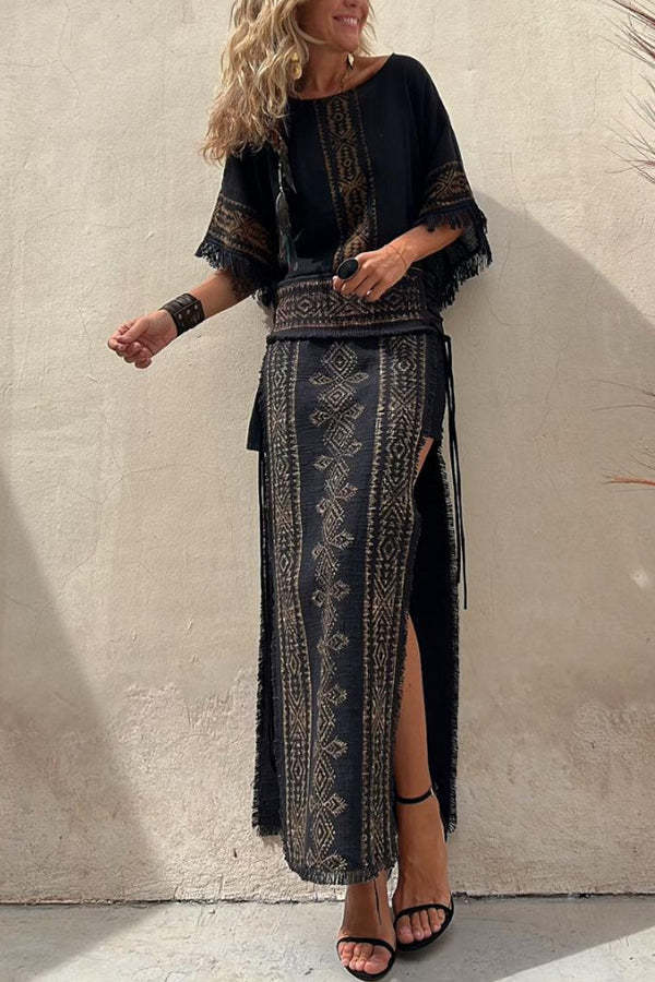 Alana Linen Blend Ethnic Print Patchwork Side Lace-up Maxi Skirt-consonak