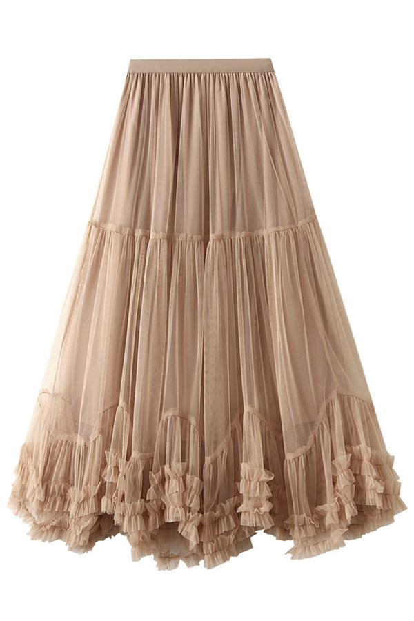 Elegant Tulle Stretch Waist Paneled Pleated Maxi Skirt-consonak