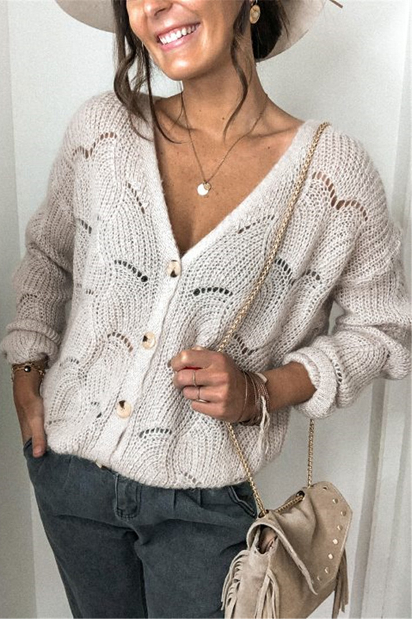 Fashionable V-neck Long-sleeved Knitted Sweater Cardigan-consonak