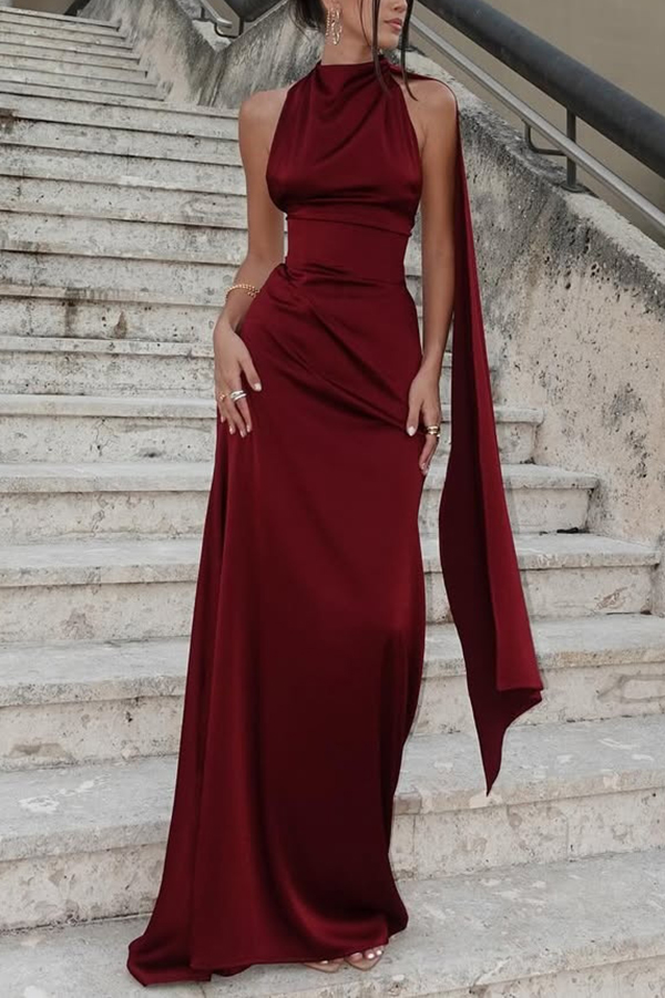 Solid Color Satin Elegant Sleeveless Waist Maxi Dress-consonak