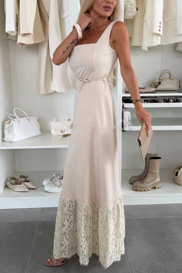 Solid Color Square Neck Sleeveless Fitted Waist Elegant Lace Hem Maxi Dress