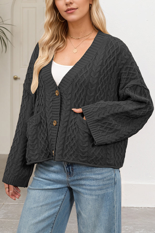 Solid Color Loose V-neck Long-sleeved Casual Pocket Knitted Cardigan-consonak