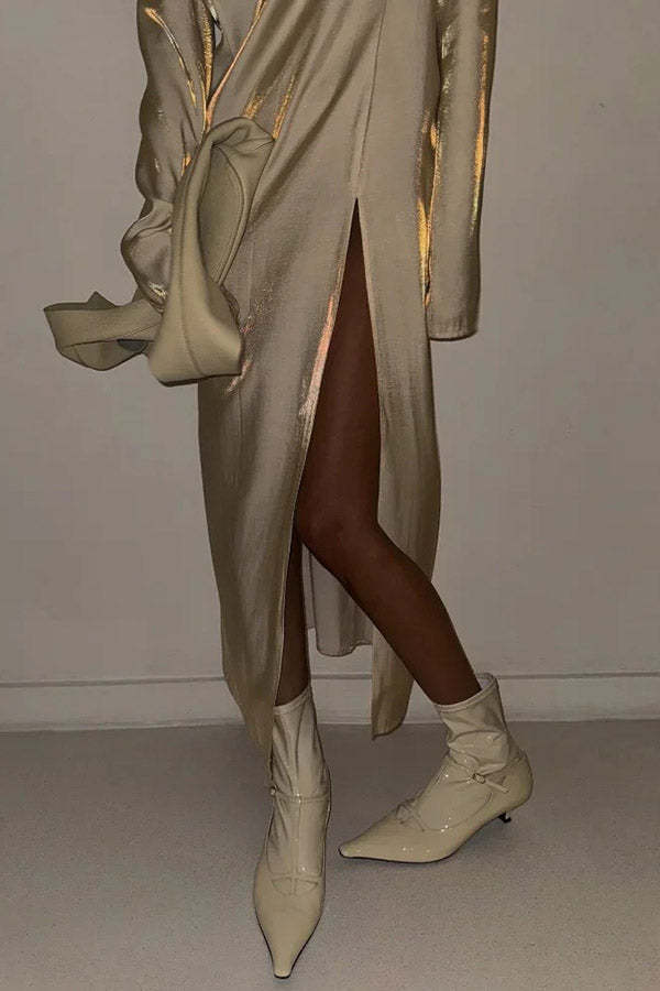 Solid Color Glossy V-neck Long Sleeve Casual Slit Maxi Dress-consonak