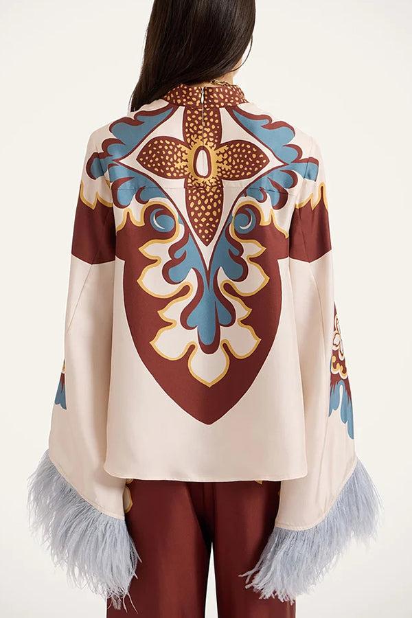 Bohemian Dreams Unique Print High Neck Feather Trim Bell Sleeve Top-Consonak