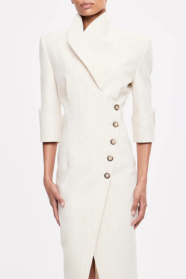 Elegant Look Linen Blend Stand Lapel Neck Half Sleeve Side Button Midi Dress-consonak