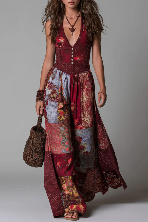 Unique Printed V-neck Sleeveless Fitted Waist Casual Maxi Dress | Consonak