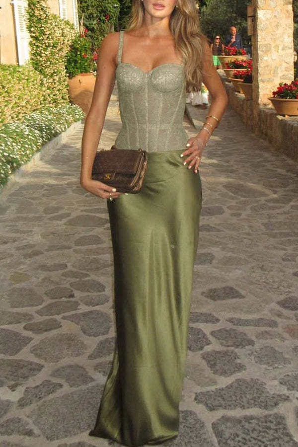 In A Fairytale Lace Satin Mid Rise Drape Maxi Skirt-consonak