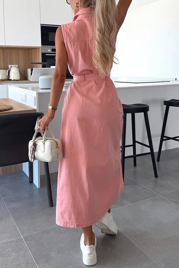 Solid Color Sleeveless Single Breasted Waist Tie Casual Pocket Denim Midi Dress | Consonak
