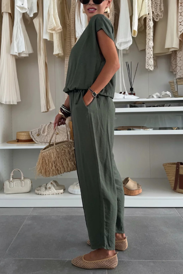Linen Blend Solid Color V-neck Short-sleeved Top and Elastic Waist Pocket Bloomers Pants Set