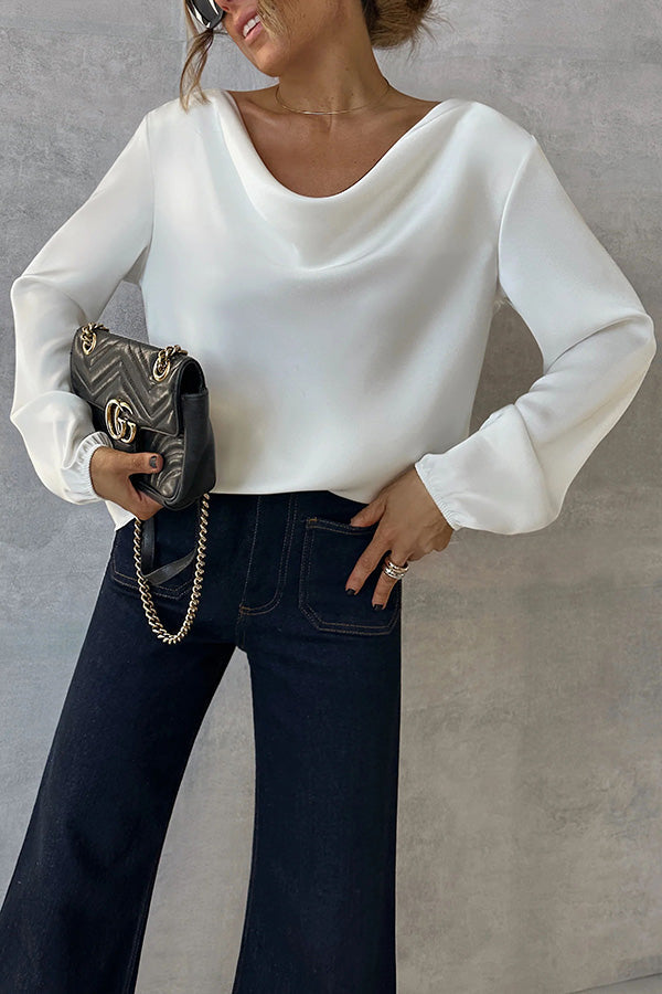 Simple and Beautiful Satin Cowl Drape Neck Long Sleeved Shirt-consonak