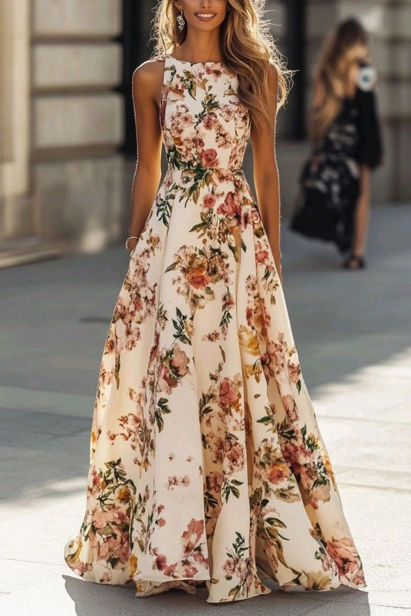 Floral Print Round Neck Sleeveless Elegant Maxi Dress-consonak