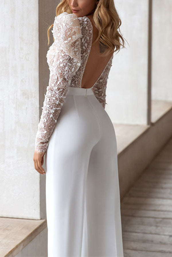 Round Neck Long Sleeve Open Back Jumpsuit | Consonak