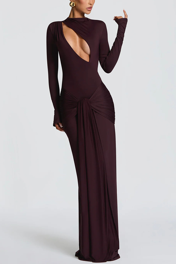Sexy Cutout Fitted Long-sleeved Pleated Satin Ribbon Maxi Dresses-consonak