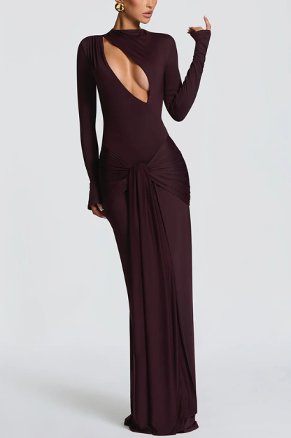 Sexy Cutout Fitted Long-sleeved Pleated Satin Ribbon Maxi Dresses-consonak