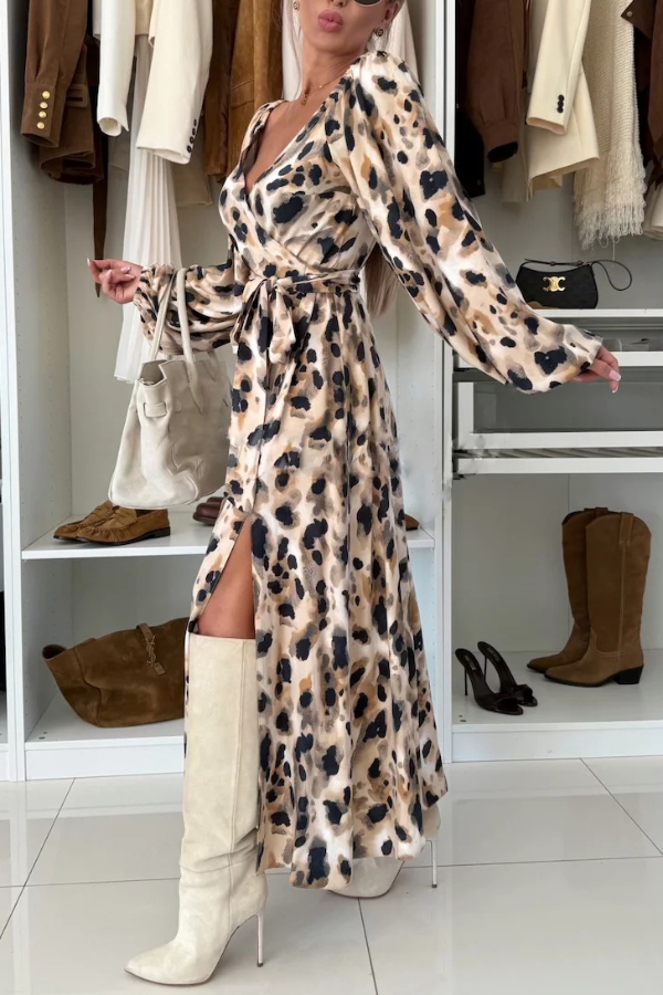 Unique Printed V-neck Long-sleeved Waist Tie Slit Maxi Dress-consonak