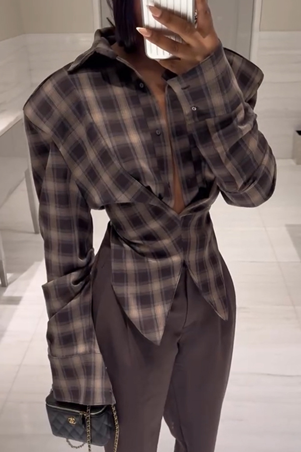 Vintage Plaid Shoulder Pad Buttons Long Sleeve Angled Hem Shirt-consonak
