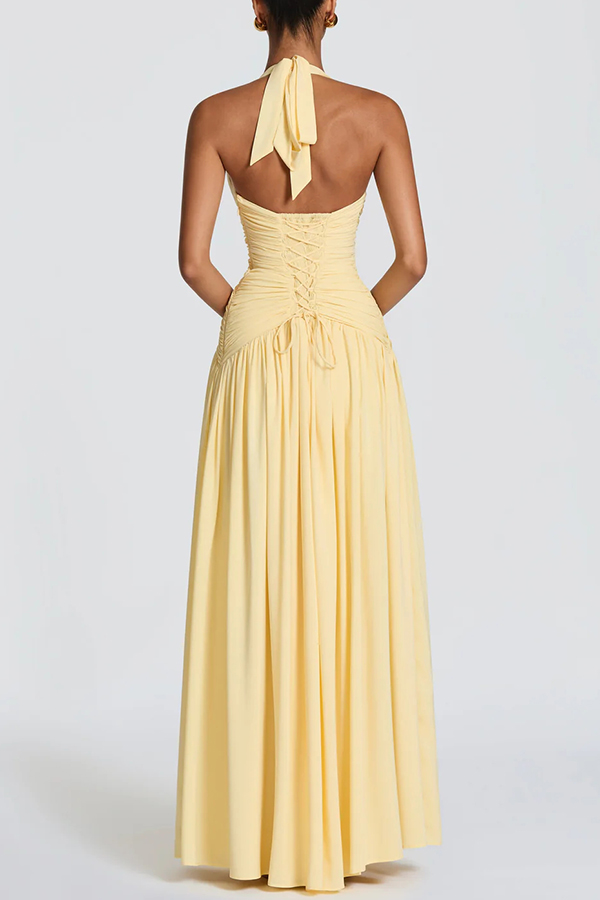 Amaris Halter Tie-up V-neck Ruched Detail Back Lace-up Slit Drape Maxi Dress | Consonak