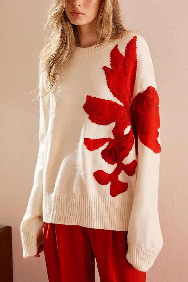 Fashionable Color-blocked Floral Loose Long-sleeved Knit Sweater-consonak