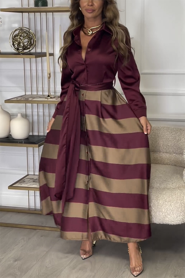 Lindsey Satin Colorblock Contrast Long Sleeve Belted Shirt Maxi Dress-consonak