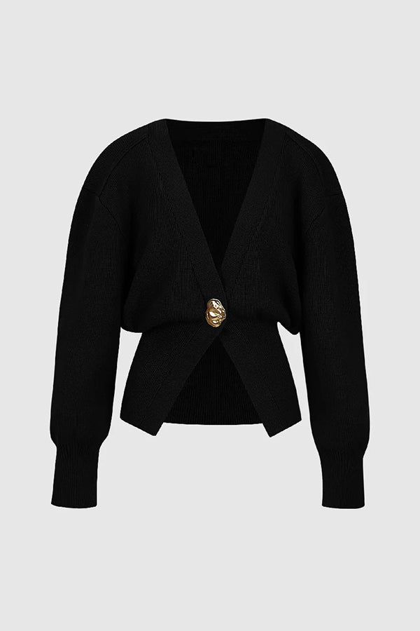 Only Yours Knit Metal Leaf Shape Button Lantern Sleeve Relaxed Cardigan | Consonak