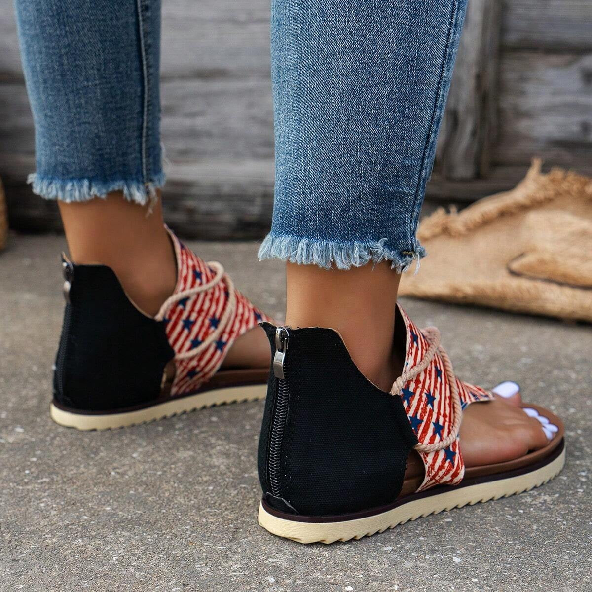 Independence Day Summer New Printed Back Zipper Roman Beach Sandals-consonak