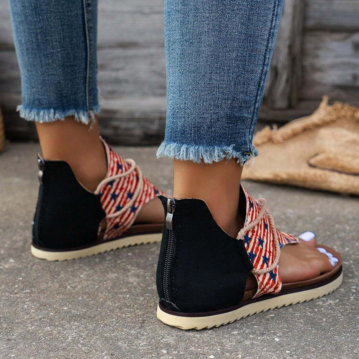 Independence Day Summer New Printed Back Zipper Roman Beach Sandals-consonak