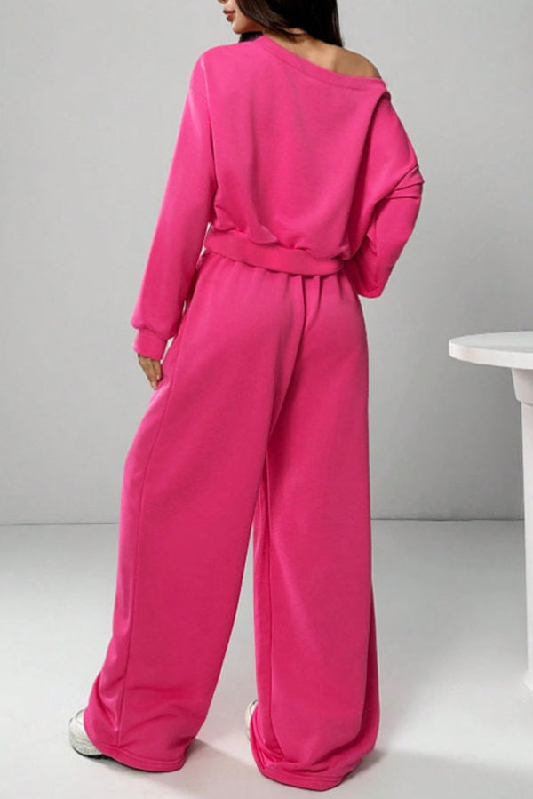 Solid Color Loose Long-sleeved Short Top and Elastic Waist Casual Pocket Wide-leg Pants Set-consonak