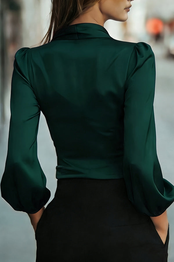 Satin V-neck Long-sleeved Casual Tie-waist Shirt-consonak