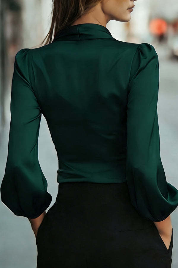 Satin V-neck Long-sleeved Casual Tie-waist Shirt-consonak