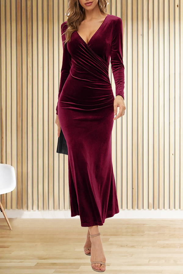 Solid Color Velvet Long Sleeve V-neck Slim Fit Fishtail Maxi Dress-consonak