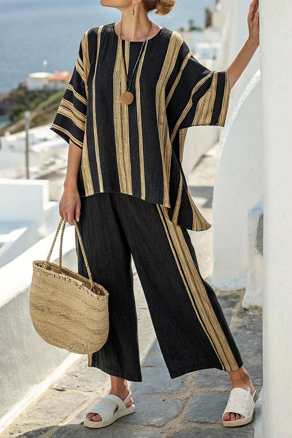Linen Blend Unique Print Half Sleeve Top and Elastic Waist Pocket Loose Pants Set | Consonak