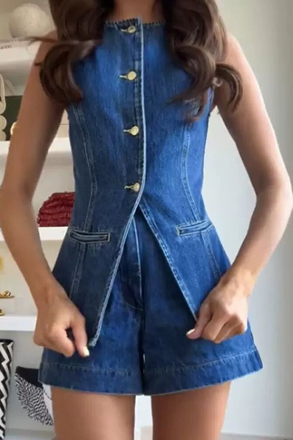 Abel Denim Button Up Princess Seams Pocket Vest Top-consonak