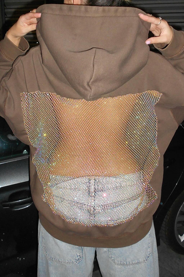 Fashionable Shiny Mesh Hollow Back Loose Long-sleeved Hooded Sweatshirt-consonak