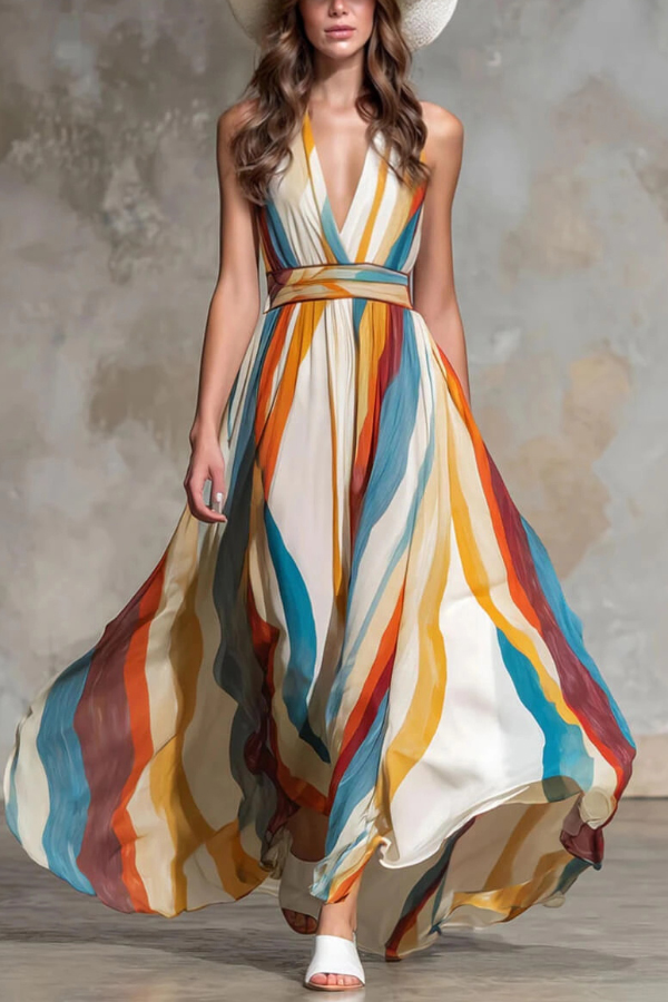 Multi-colored Striped Print V-neck Sleeveless Fitted Waist Vacation Maxi Dress