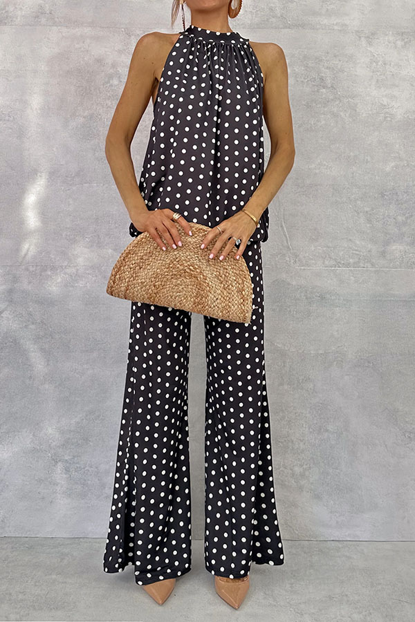Imanie Polka Dot Print Back Tie-up Tank and Elastic Waist Wide Leg Pants Set-consonak