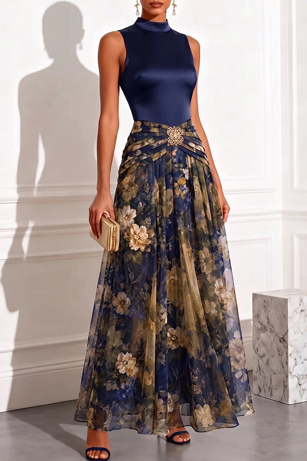 Prairie Satin High Neck Metallic Butterfly Detail Floral Tulle Hem Maxi Dress-Consonak