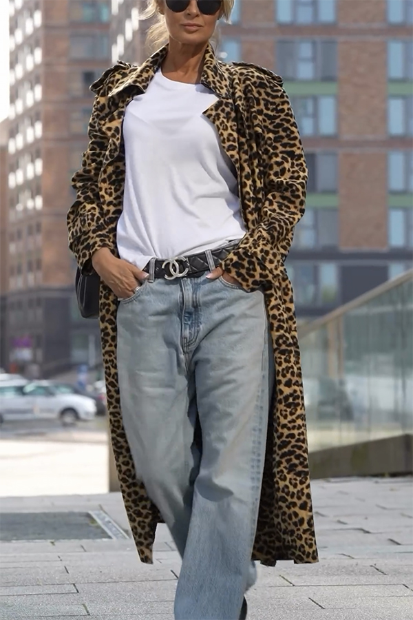 Be Free Velvet Leopard Print Long Sleeve Loose Midi Trench Coat | Consonak