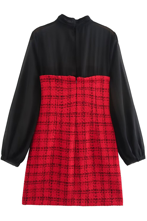 Festive Elegance Tulle Plaid Tweed Patchwork Balloon Sleeve Mini Dress-consonak