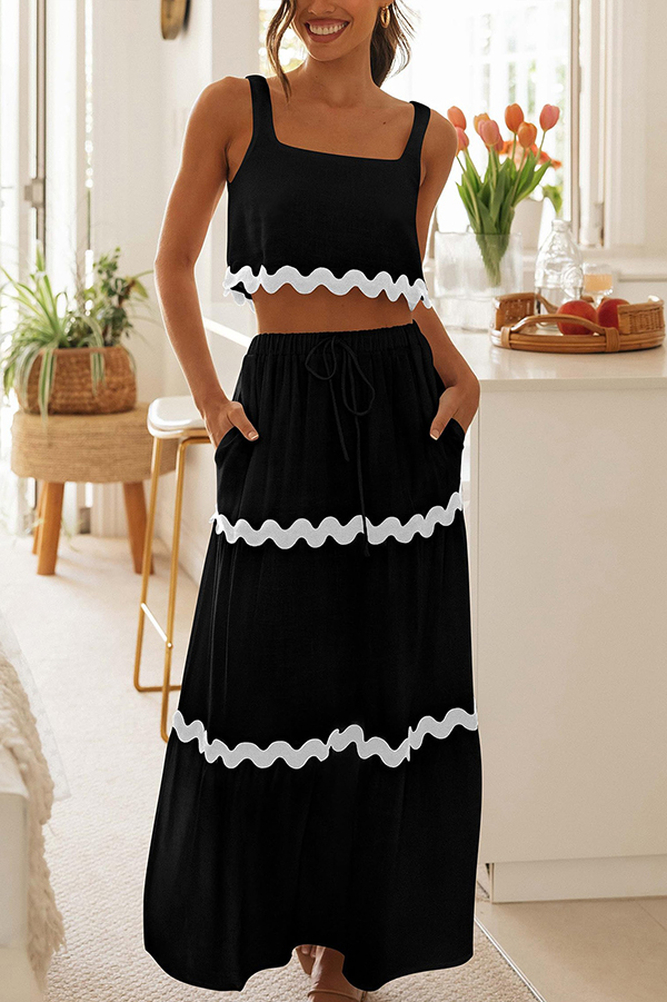 Napa Ric Rac Trims Sleeveless Crop Tank and Drawstring Elastic Waist Pocket Maxi Skirt-consonak