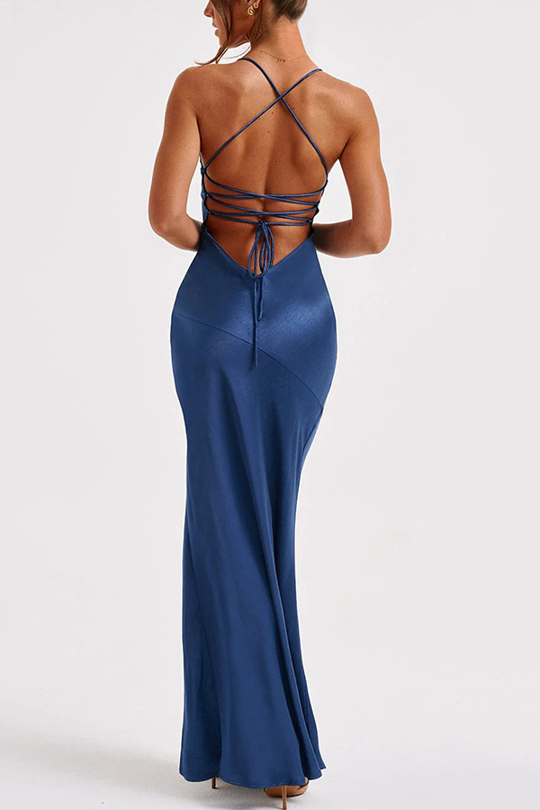 Satin Solid Color Sexy Backless Lace Up High Slit Maxi Dress-consonak