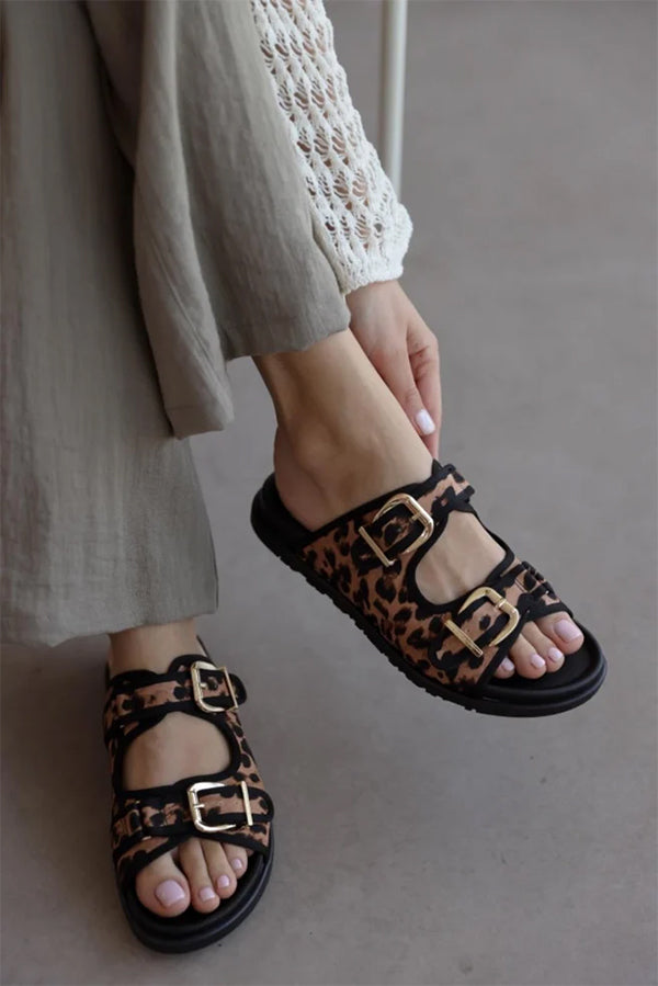 Leopard Print Double Button Women's Slippers-consonak